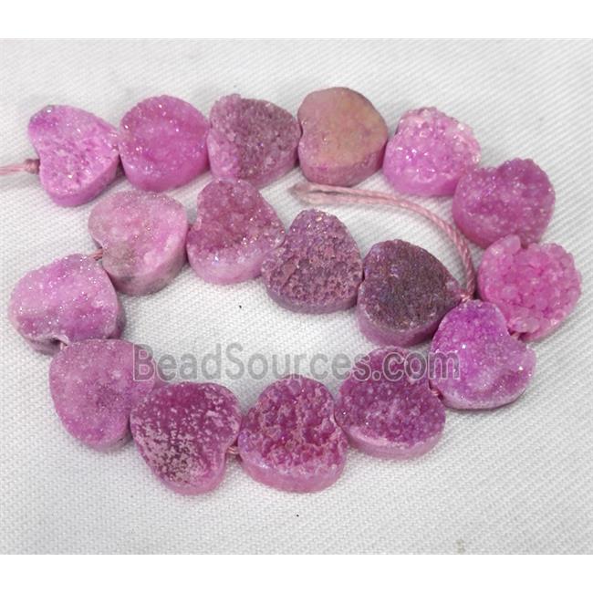 druzy quartz bead, heart, hotpink