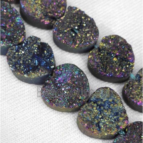 druzy quartz beads, heart, rainbow electroplated