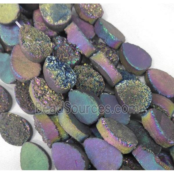 druzy quartz bead, teardrop, rainbow electroplated