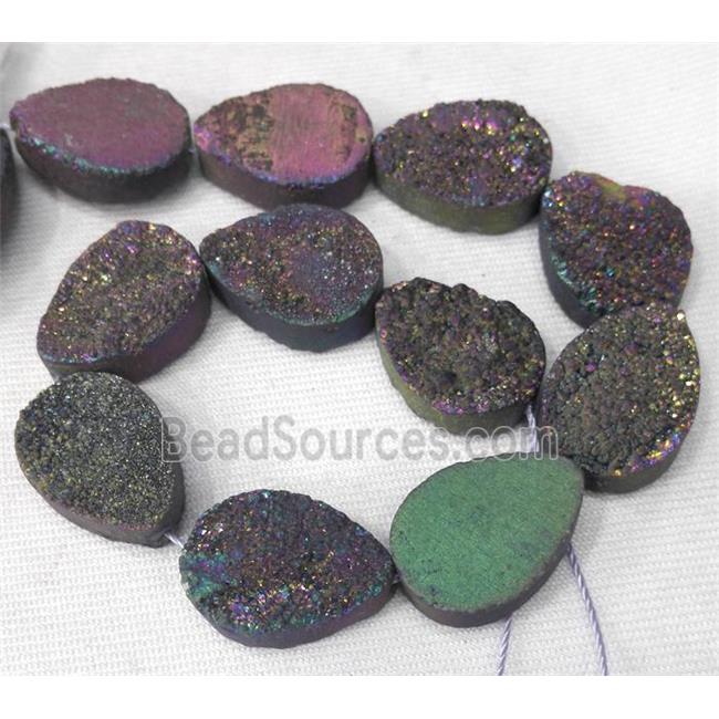 druzy quartz bead, teardrop, rainbow electroplated