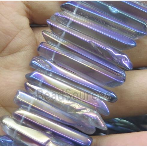 Clear Quartz stick beads, polished, lt.purple electroplated