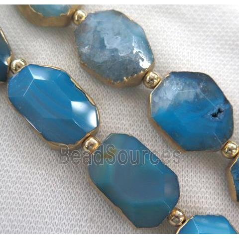 blue agate beads, faceted freeform, gold plated