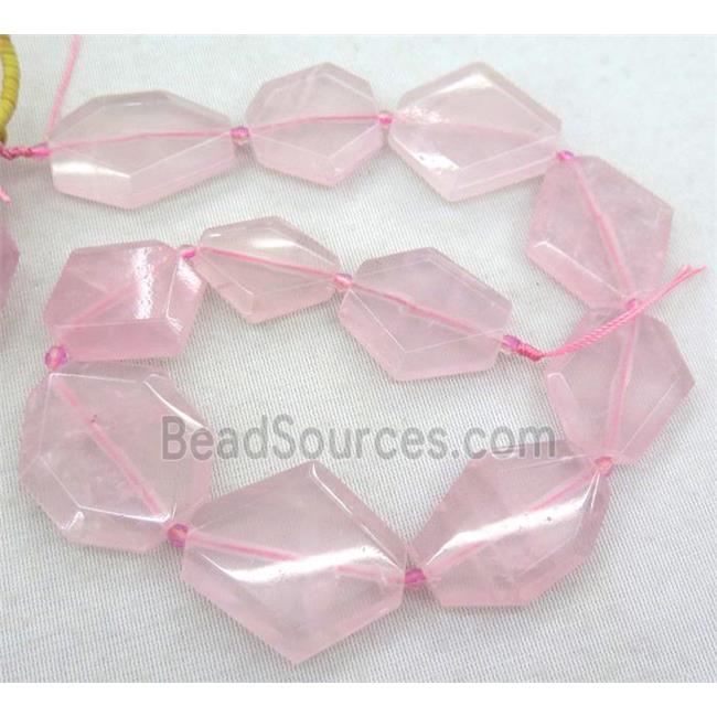 rose quartz slice bead, faceted freeform, pink