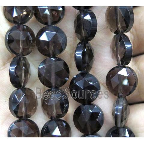 smoky quartz bead, faceted flat-round