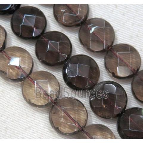 smoky quartz bead, faceted flat round