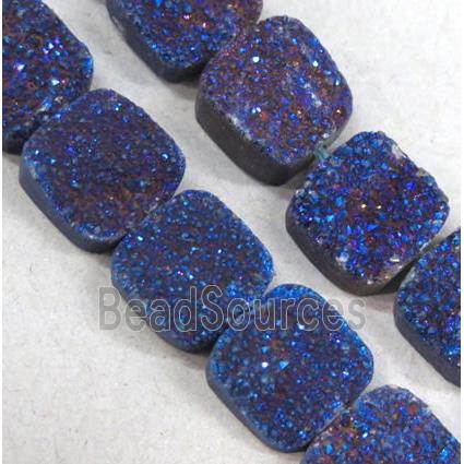 druzy quartz beads, square, blue electroplated