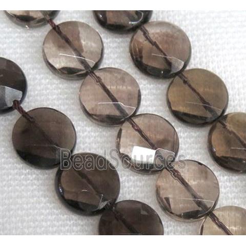 smoky quartz bead, faceted flat round