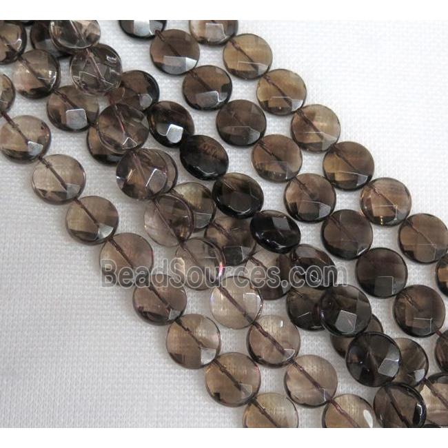 smoky quartz bead, faceted flat round