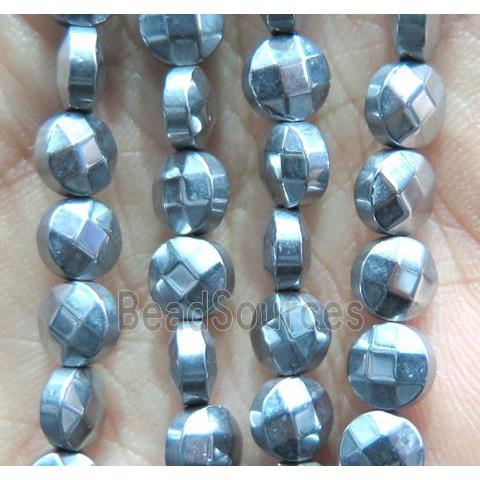 Hematite beads, faceted flat-round, platinum plated