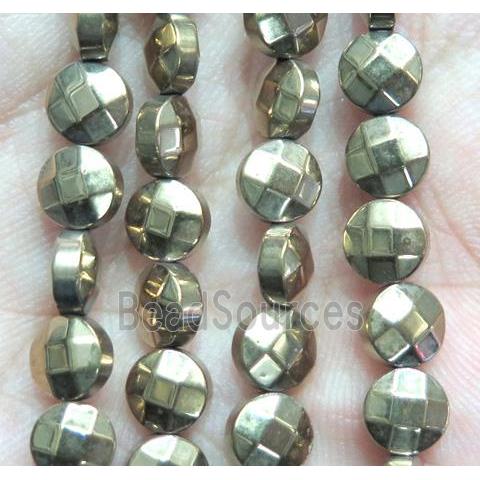 Hematite beads, faceted flat-round, gold plated