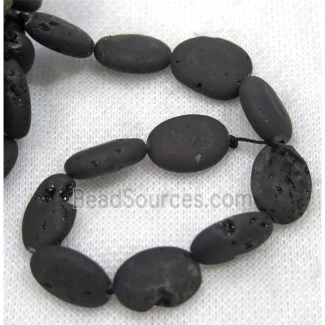 8" string of druzy agate oval beads, matte, black electroplated