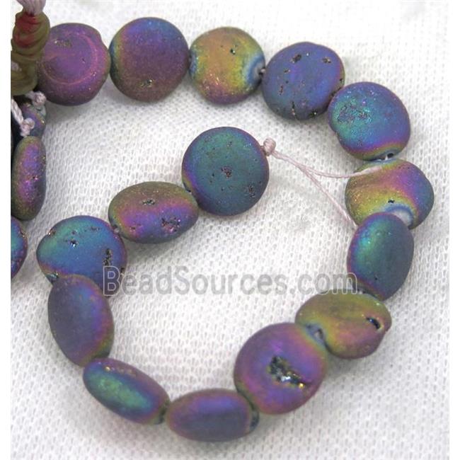 8" string of druzy agate beads, flat round, matte, rainbow electroplated