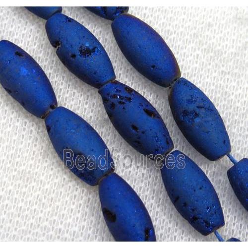 8" string of druzy agate rice beads, matte, blue electroplated