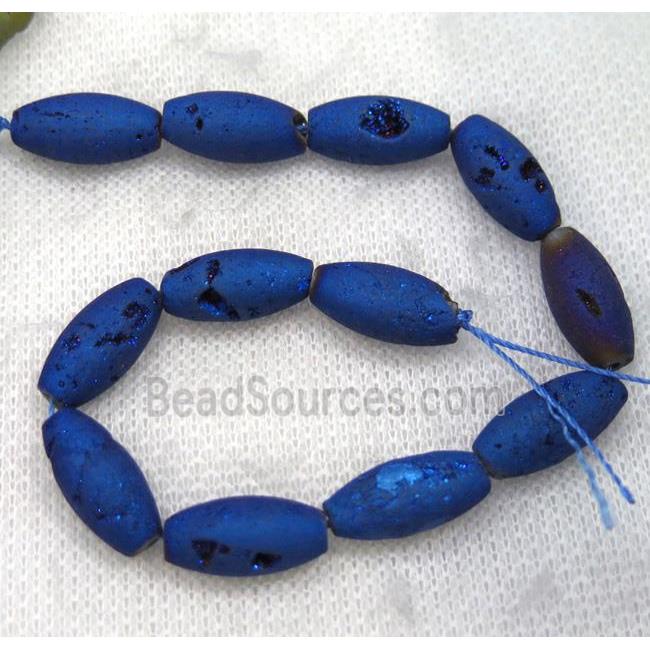 8" string of druzy agate rice beads, matte, blue electroplated