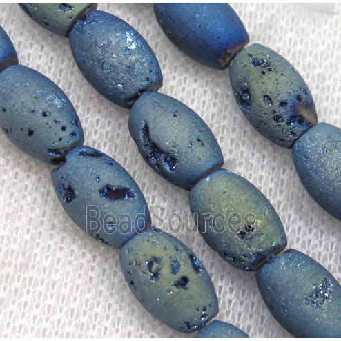 8" string of druzy agate rice beads, matte, green electroplated