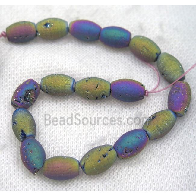 8" string of druzy agate rice beads, matte, rainbow electroplated