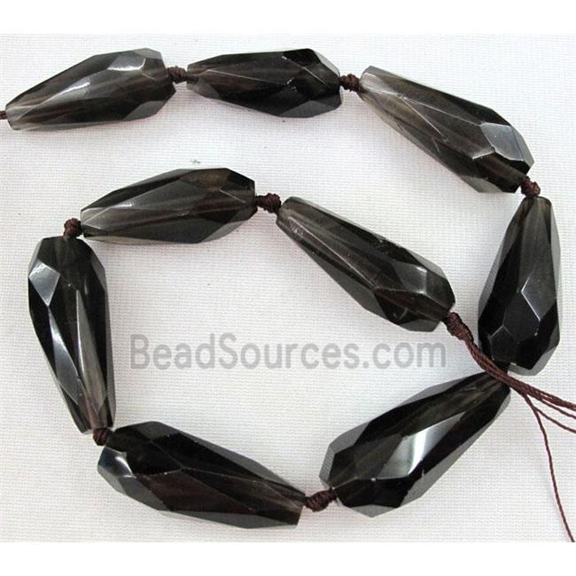 smoky quartz bead, dark-grey, faceted teardrop