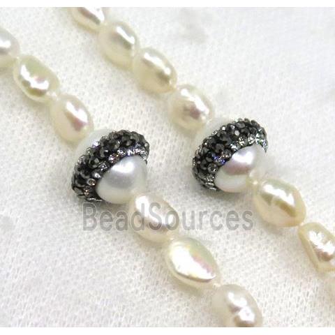 white freshwater pearl necklace pave rhinestone