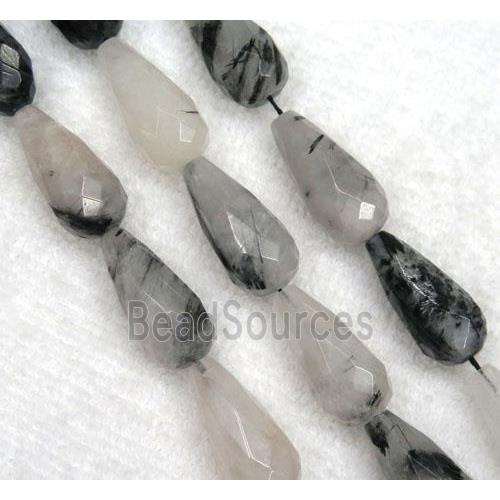 Black Rutilated Quartz bead, faceted teardrop