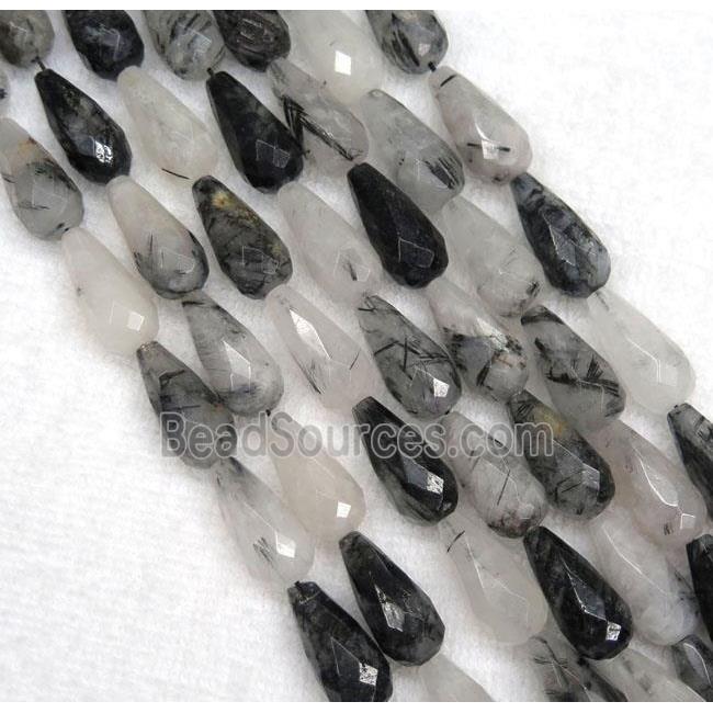 Black Rutilated Quartz bead, faceted teardrop