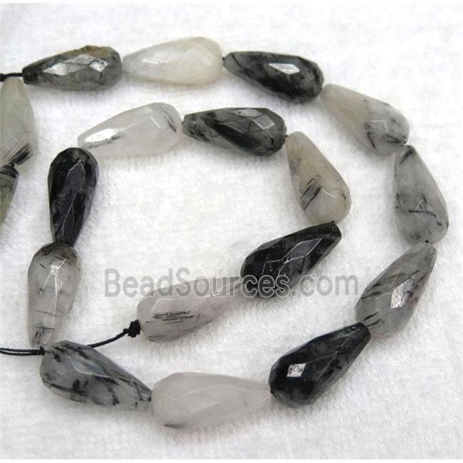 Black Rutilated Quartz bead, faceted teardrop