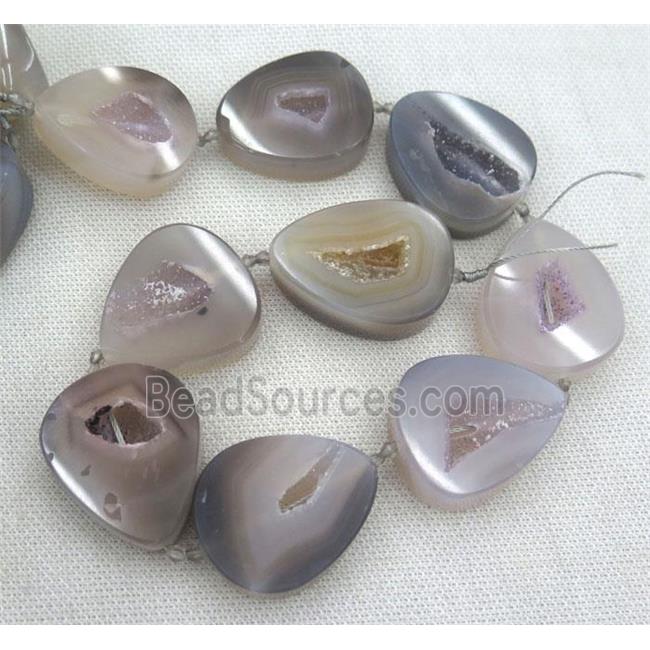 druzy agate geode beads, teardrop, gray