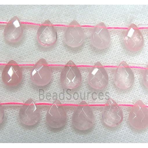 Rose Quartz beads, faceted teardrop, pink, top drilled