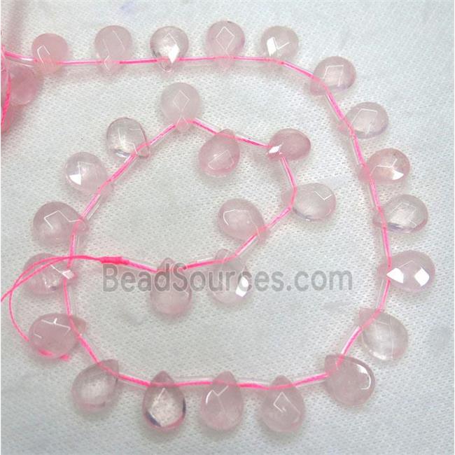 Rose Quartz beads, faceted teardrop, pink, top drilled