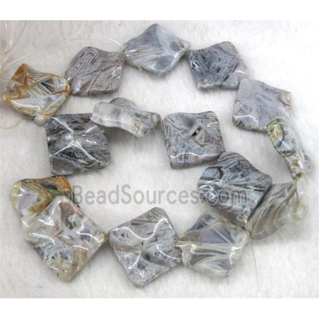 gray Bamboo Agate beads, wave corner-drilled square