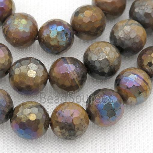 Tiger eye stone beads, faceted round, AB-color electroplated