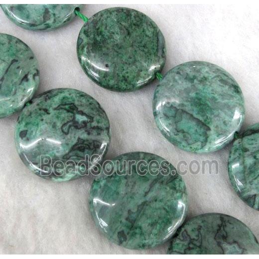 picture jasper bead, green, flat round