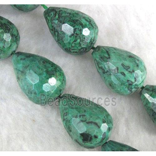 green picture jasper beads, faceted teardrop