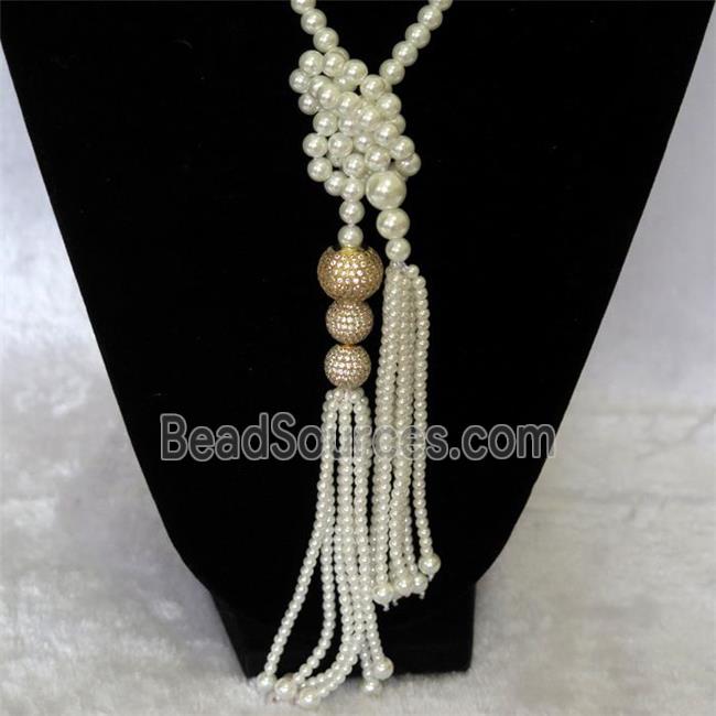 white Pearlized Glass Necklace with copper bead pave zircon, round