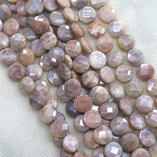 peach MoonStone beads, faceted flat-round, AB color plated