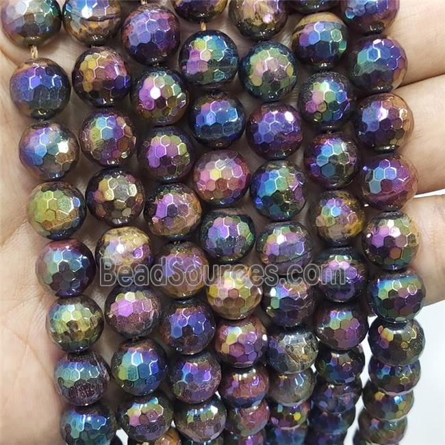 multi color Tiger eye stone bead, faceted round, AB color electroplated