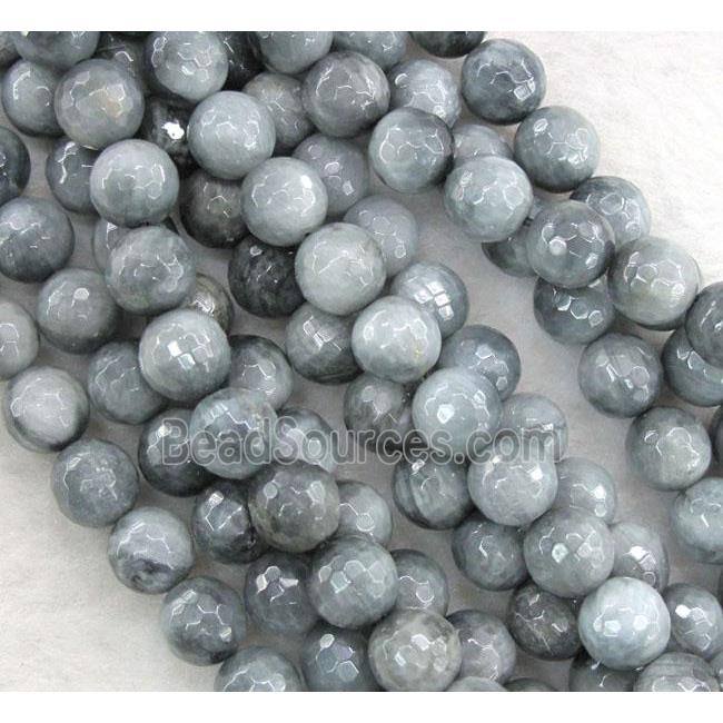 natural hawk Eye beads, faceted round, silver-grey