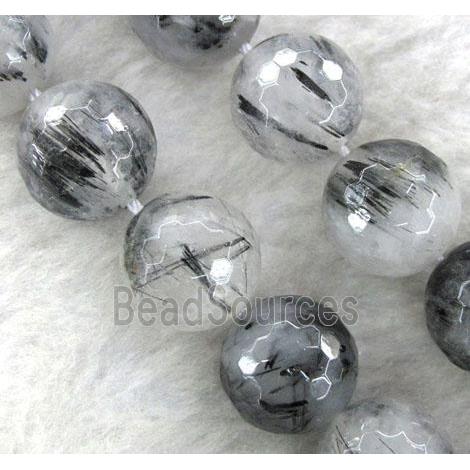 Black Rutilated Quartz beads, faceted round, Grade-AA