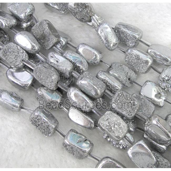 druzy quartz beads, freeform, silver electroplated