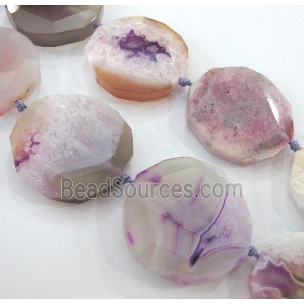 druzy agate beads, faceted flat-round, purple