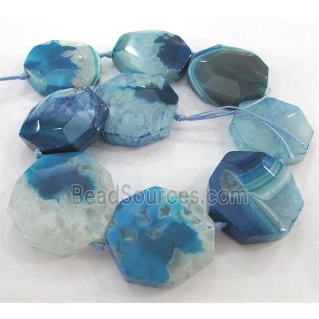 druzy agate beads, faceted flat-round, blue