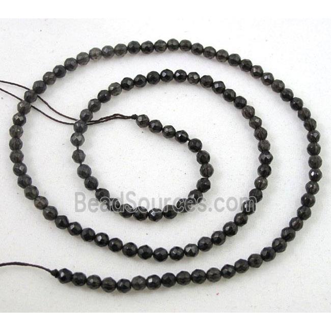 natural smoky quartz beads, tiny, dark-grey, faceted round