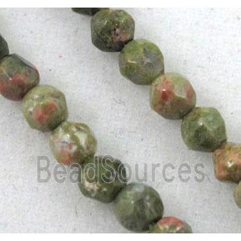 tiny unakite beads, green, faceted round