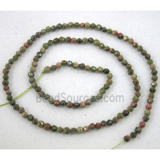 tiny unakite beads, green, faceted round