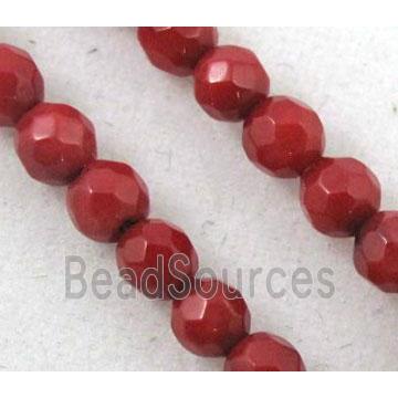 coral beads, deep-red, tiny, faceted round