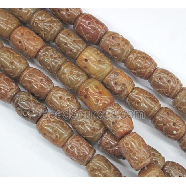 Chinese Jade Beads, barrel, brown, carved