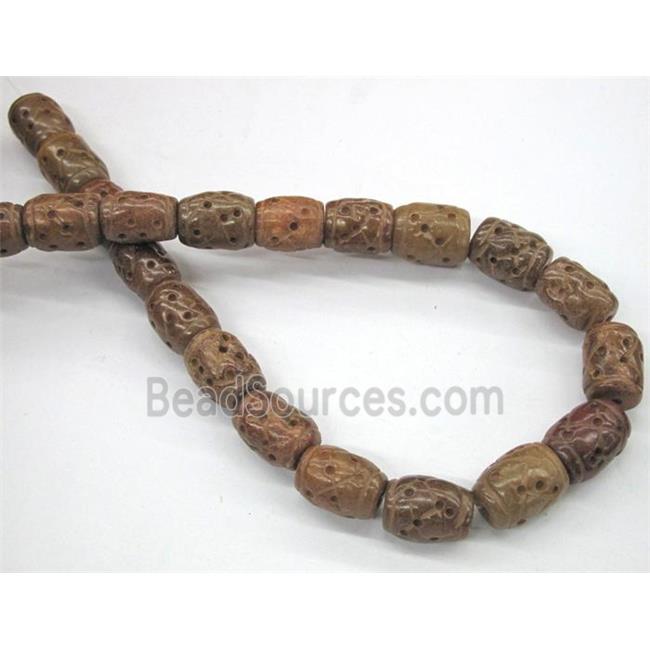 Chinese Jade Beads, barrel, brown, carved