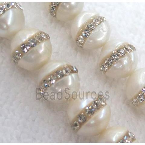 white pearl shell beads, paved rhinestone