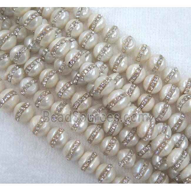 white pearl shell beads, paved rhinestone