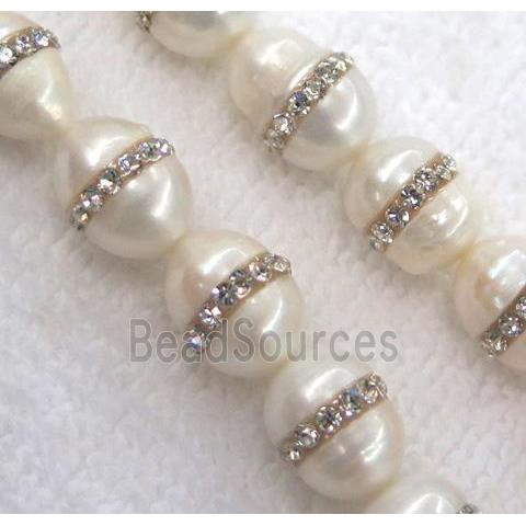 white freshwater pearl bead, paved rhinestone, rice-shaped