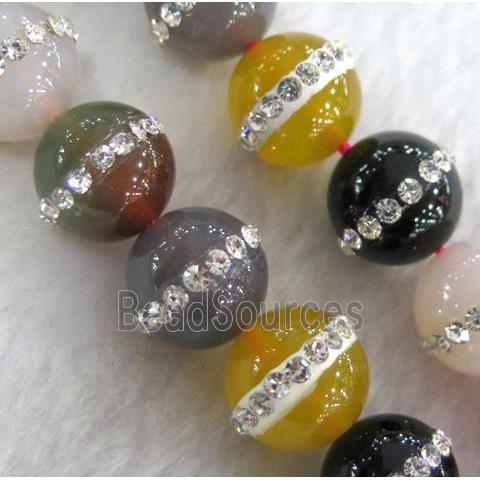 agate beads paved rhinestone, round, mixed color